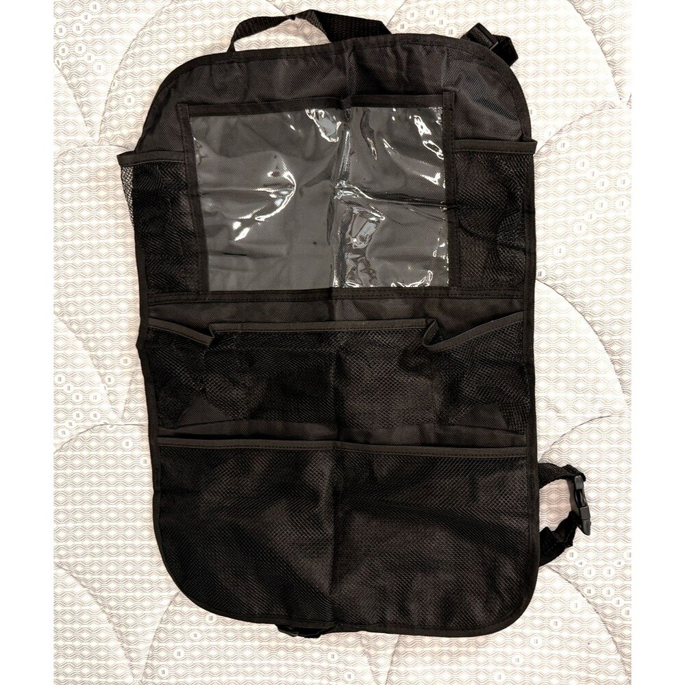 Car Seat Back Organizer Travel Storage Mesh Pockets Clear Window Black NWOT
